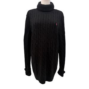 Ralph Lauren Sport Black Chunky Turtle Neck Cable Knit Longline Sweater XL Logo